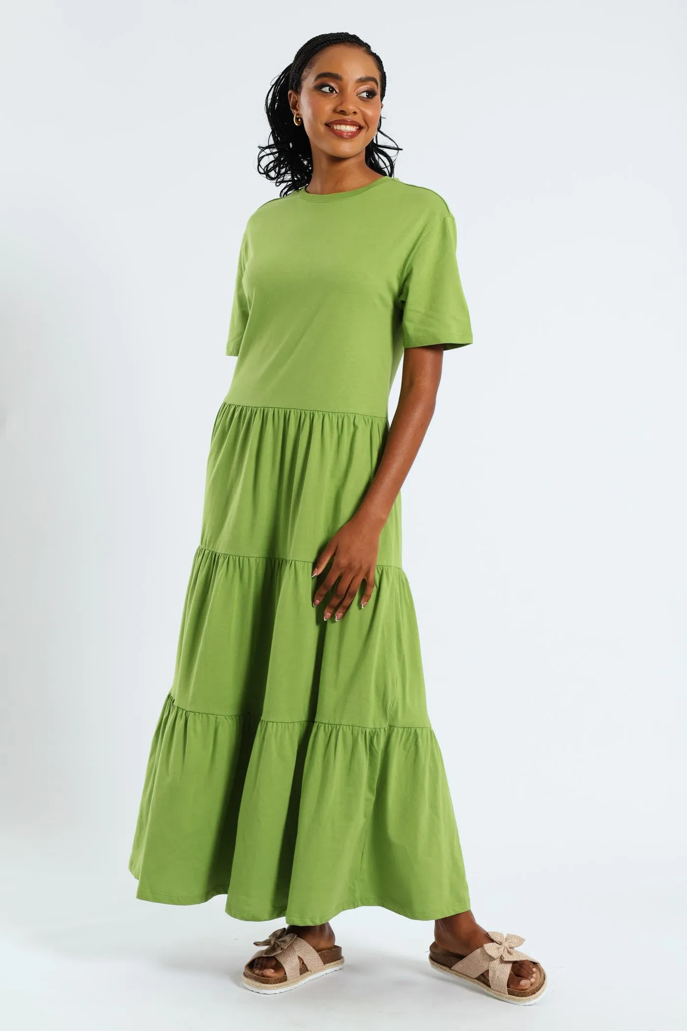 Rib Neck Tiered Cotton Midaxi Dress - Chartreuse sold by Edgars