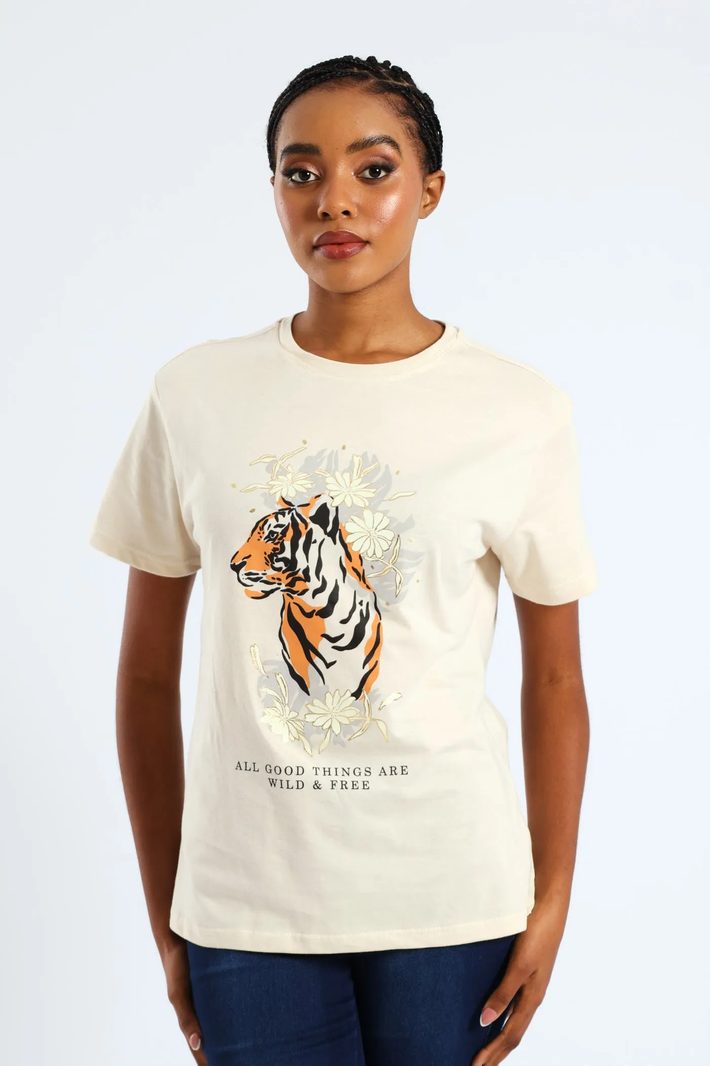 Wild & Free Floral Tiger Foil Tee - Light Stone sold by Edgars