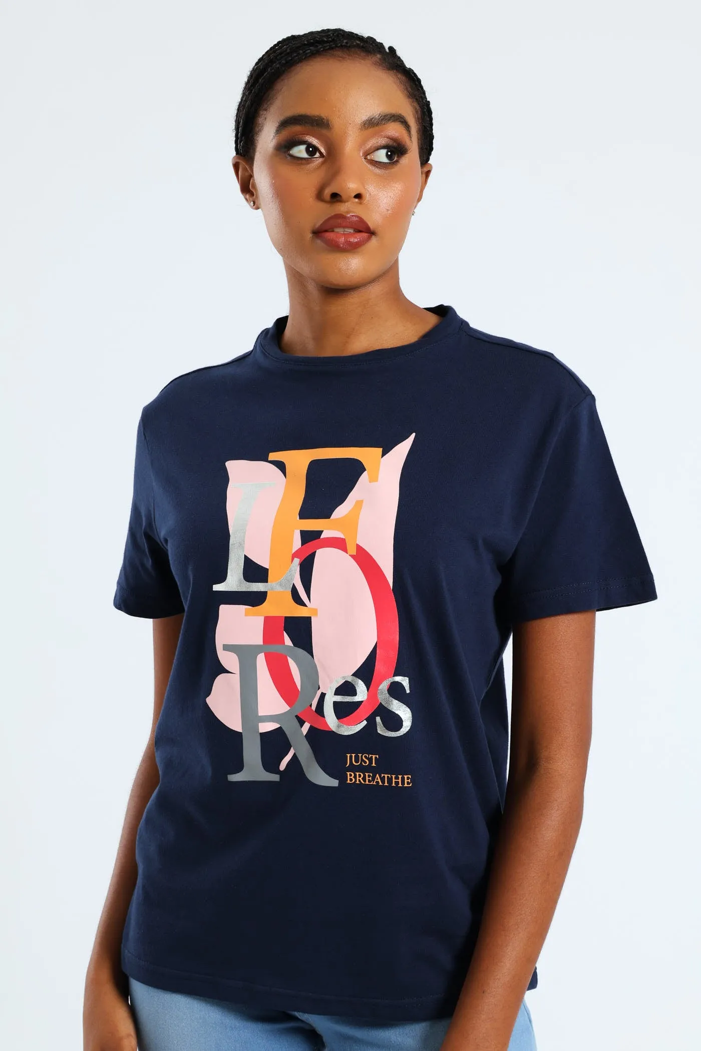 Flores Leaf Foil Tee - Navy sold by Edgars
