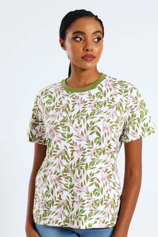 Abstract Tropical Leaf Print Plain Rib Boxy Tee - Chartreuse sold by Edgars