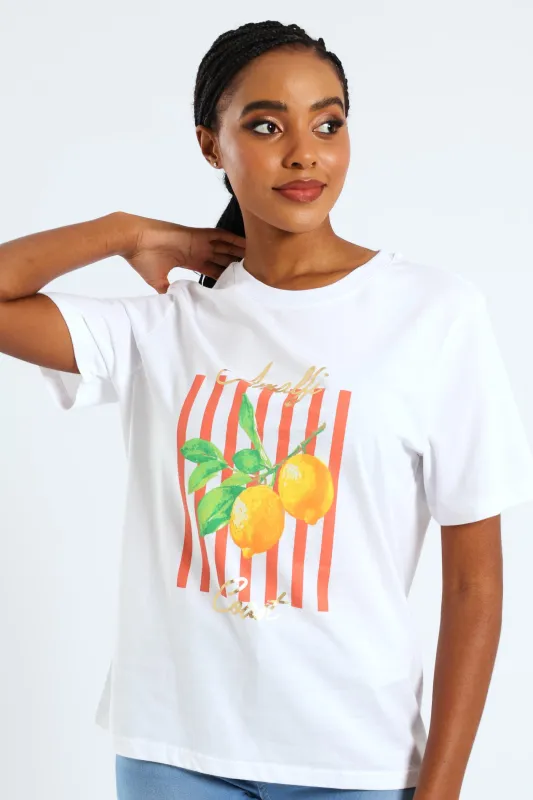 Amalfi Coast Stripe Lemon Boxy Tee - White sold by Edgars