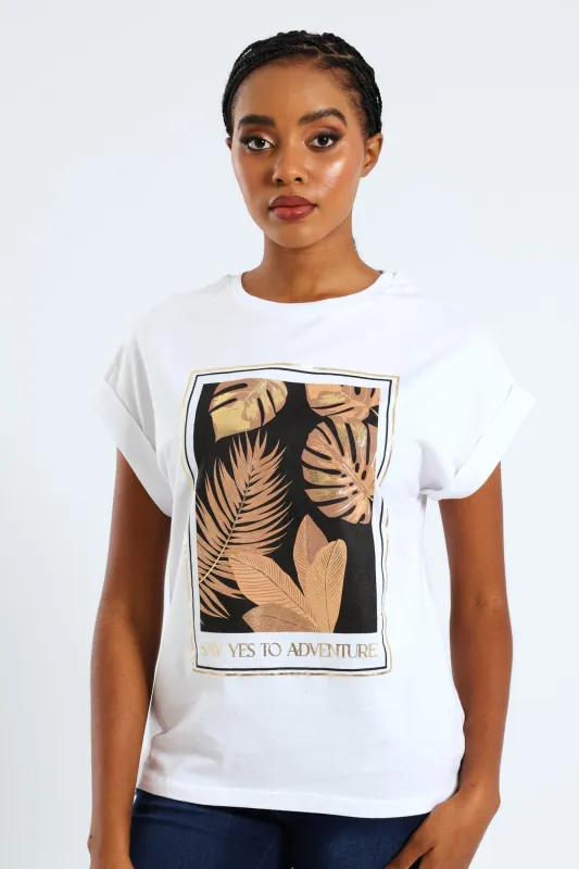 Say Yes To Adventure Palm Foil Muscle Tee - White sold by Edgars