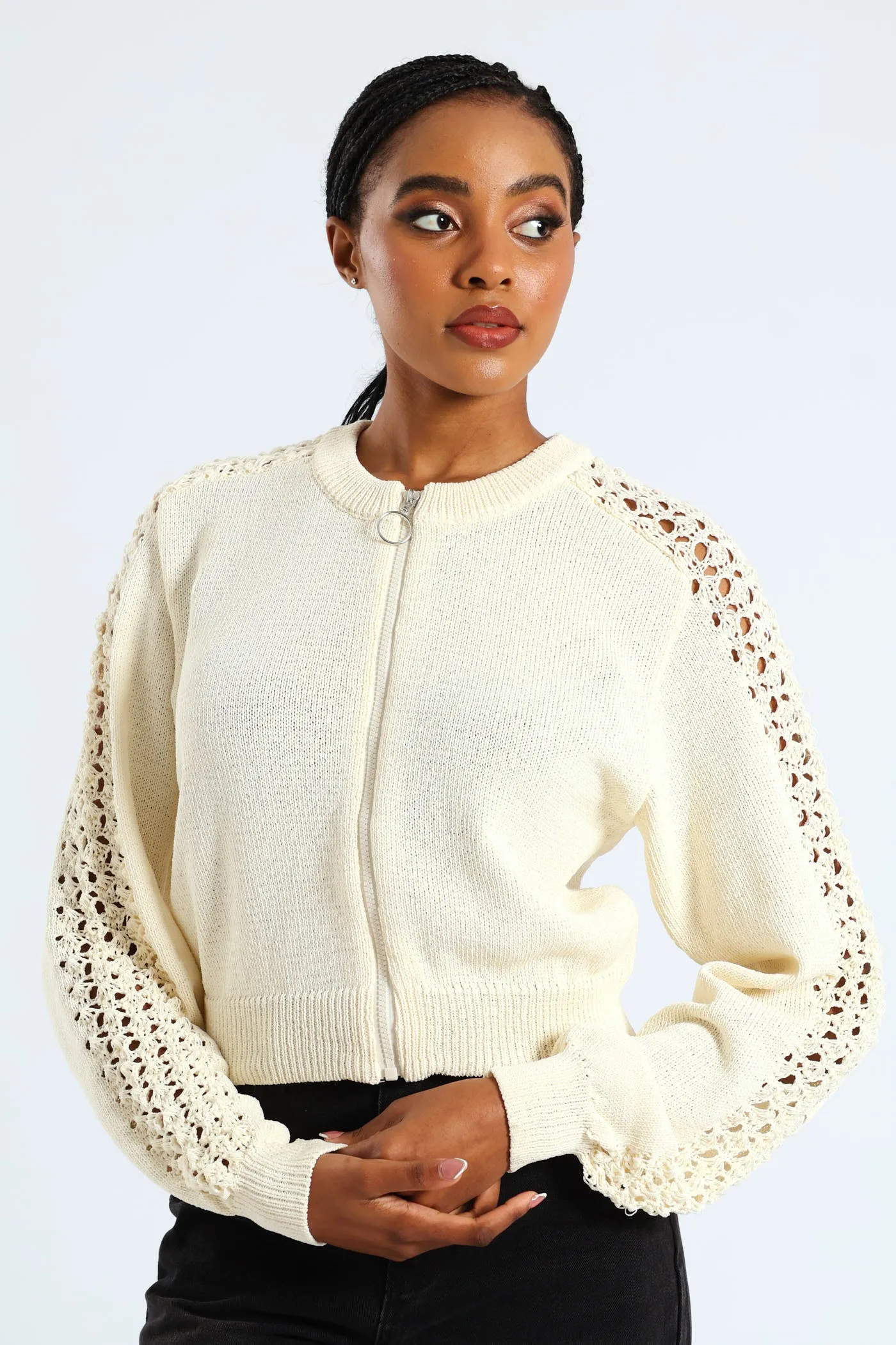 Zip Up Crochet Sleeve Bomber - Cream sold by Edgars