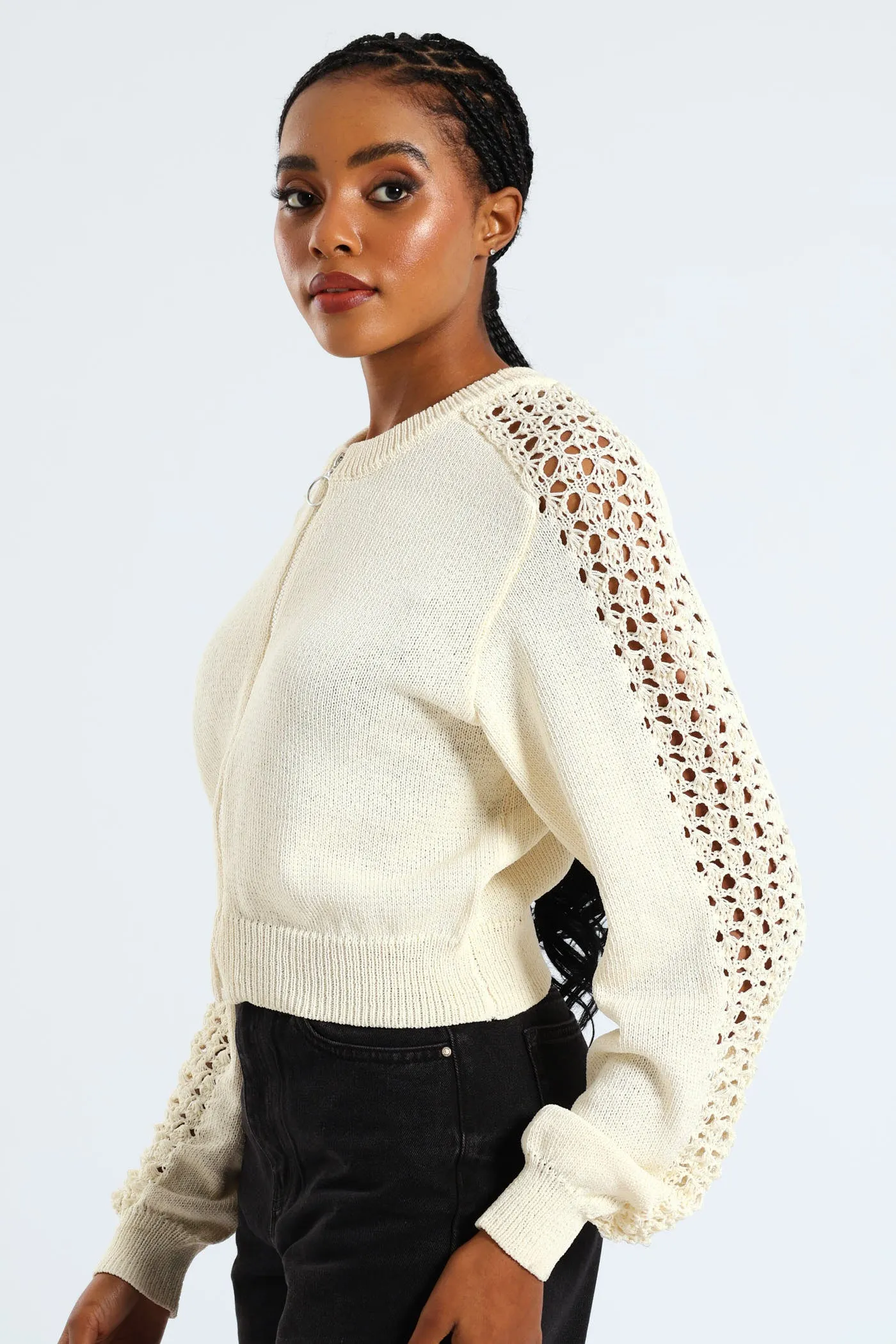 Zip Up Crochet Sleeve Bomber - Cream sold by Edgars product image thumbnail 2