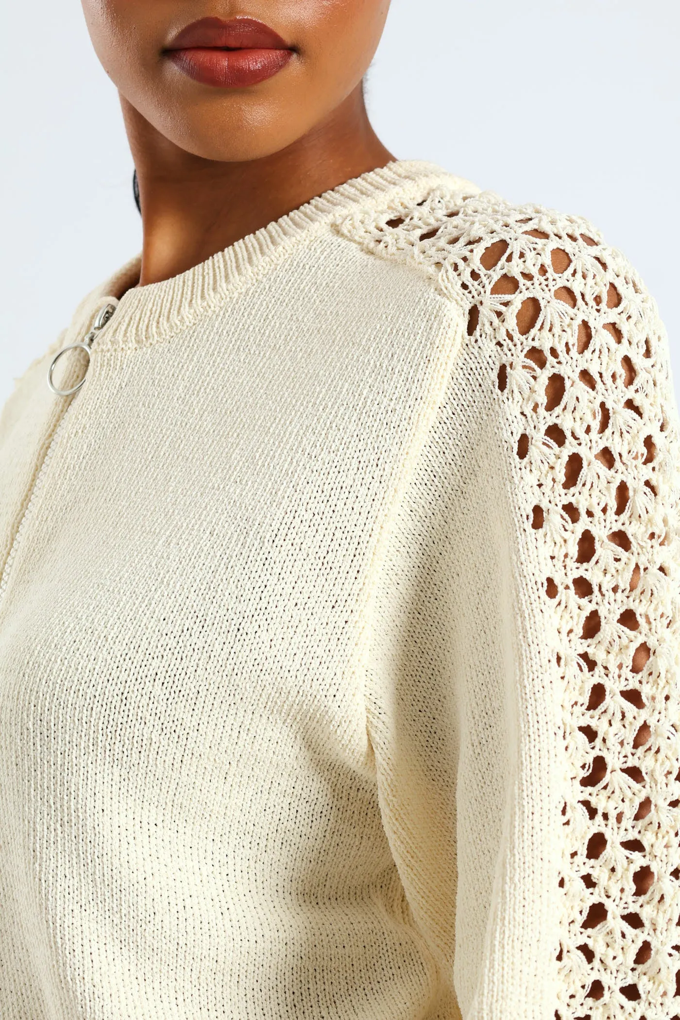 Zip Up Crochet Sleeve Bomber - Cream sold by Edgars product image thumbnail 4