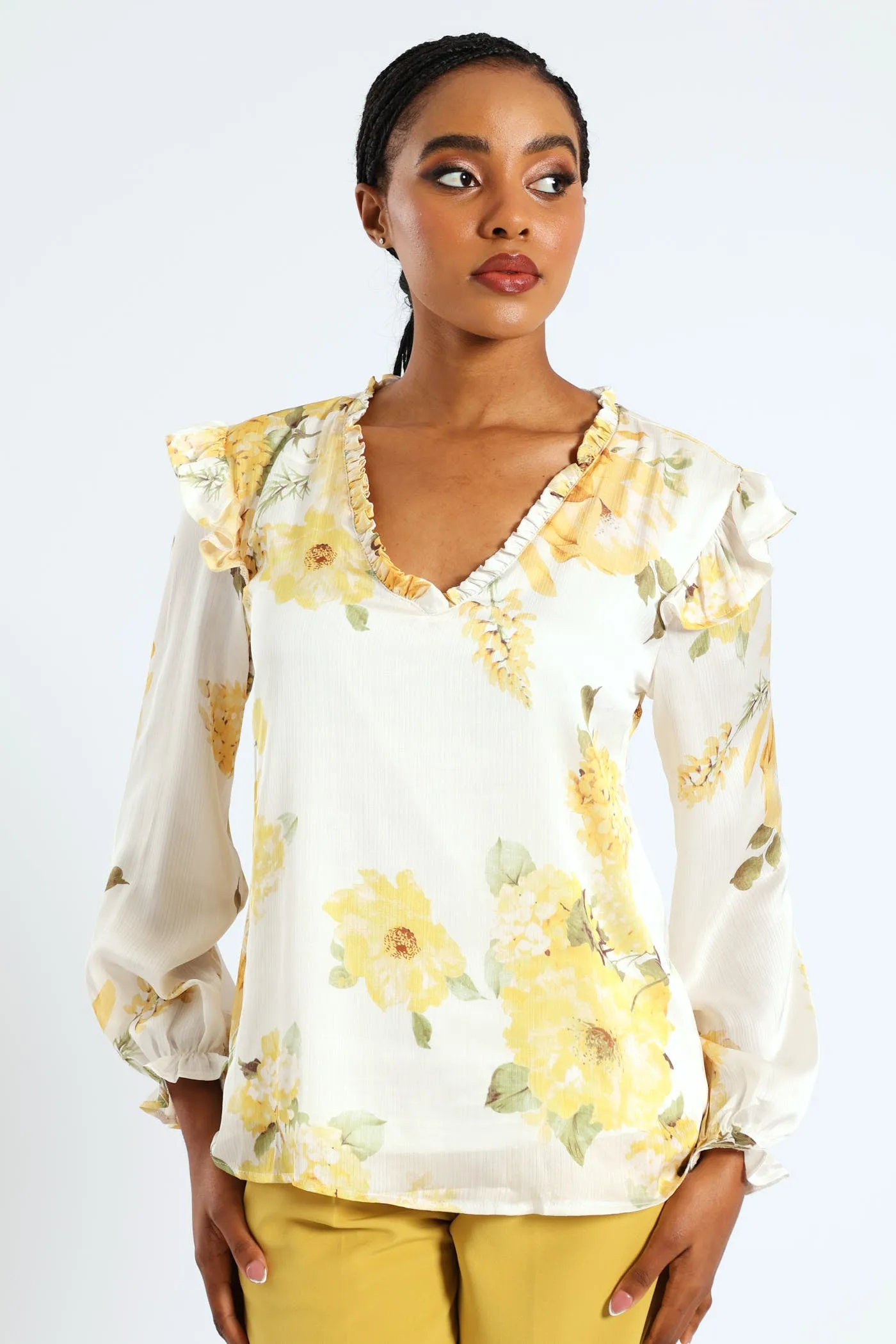 V-Neck Ruffle Blouse - Cream sold by Edgars