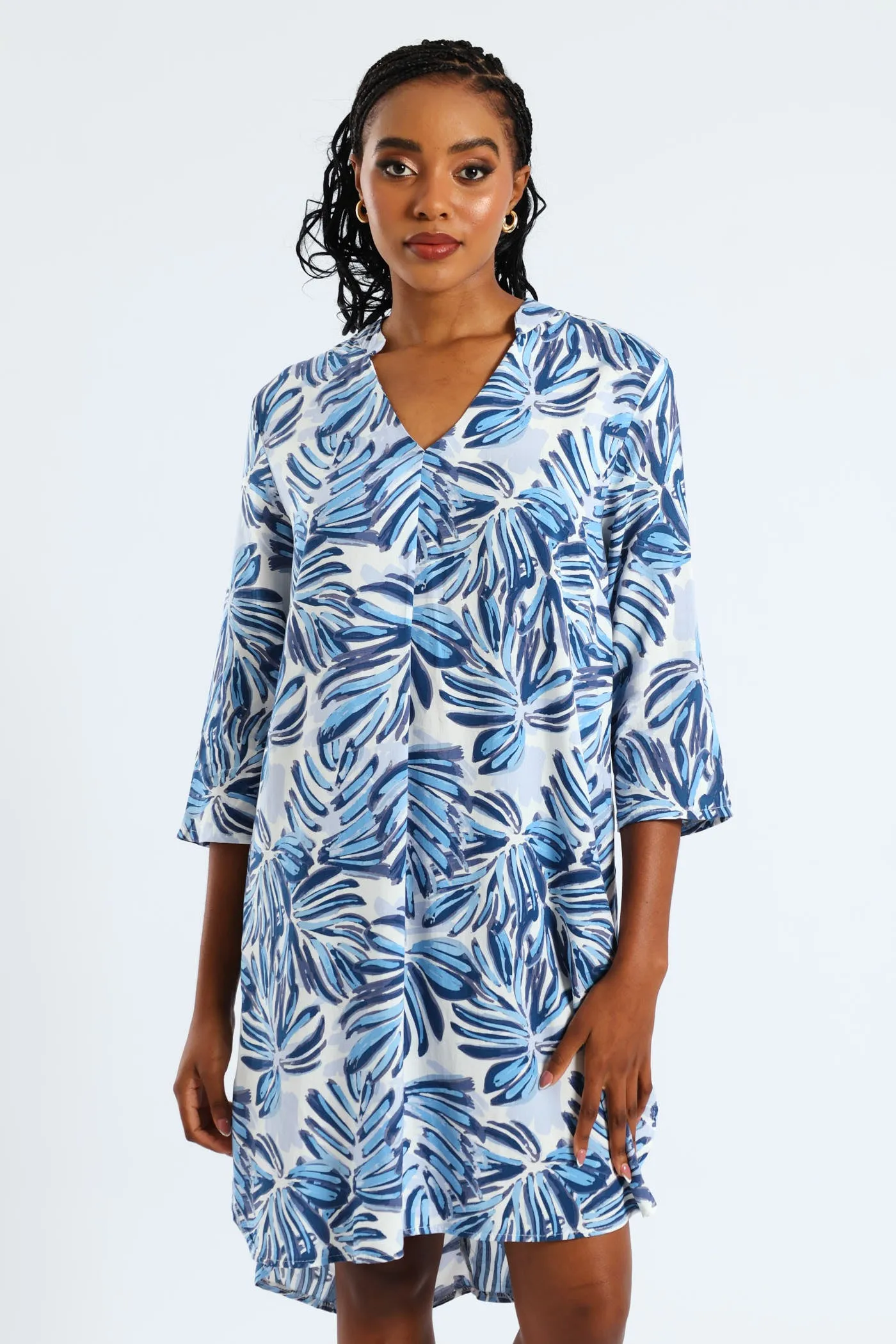 3/4 Sleeve Mandarin Collar Pleat Front Printed Shift Dress - White/Blue sold by Edgars product image thumbnail 3