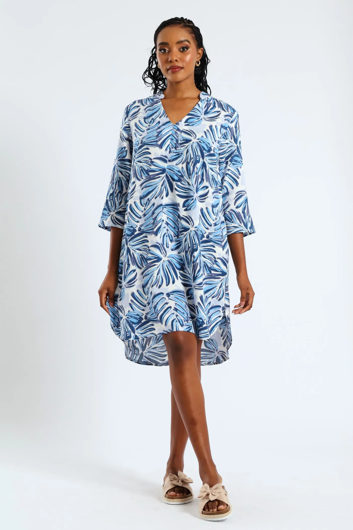 3/4 Sleeve Mandarin Collar Pleat Front Printed Shift Dress - White/Blue sold by Edgars