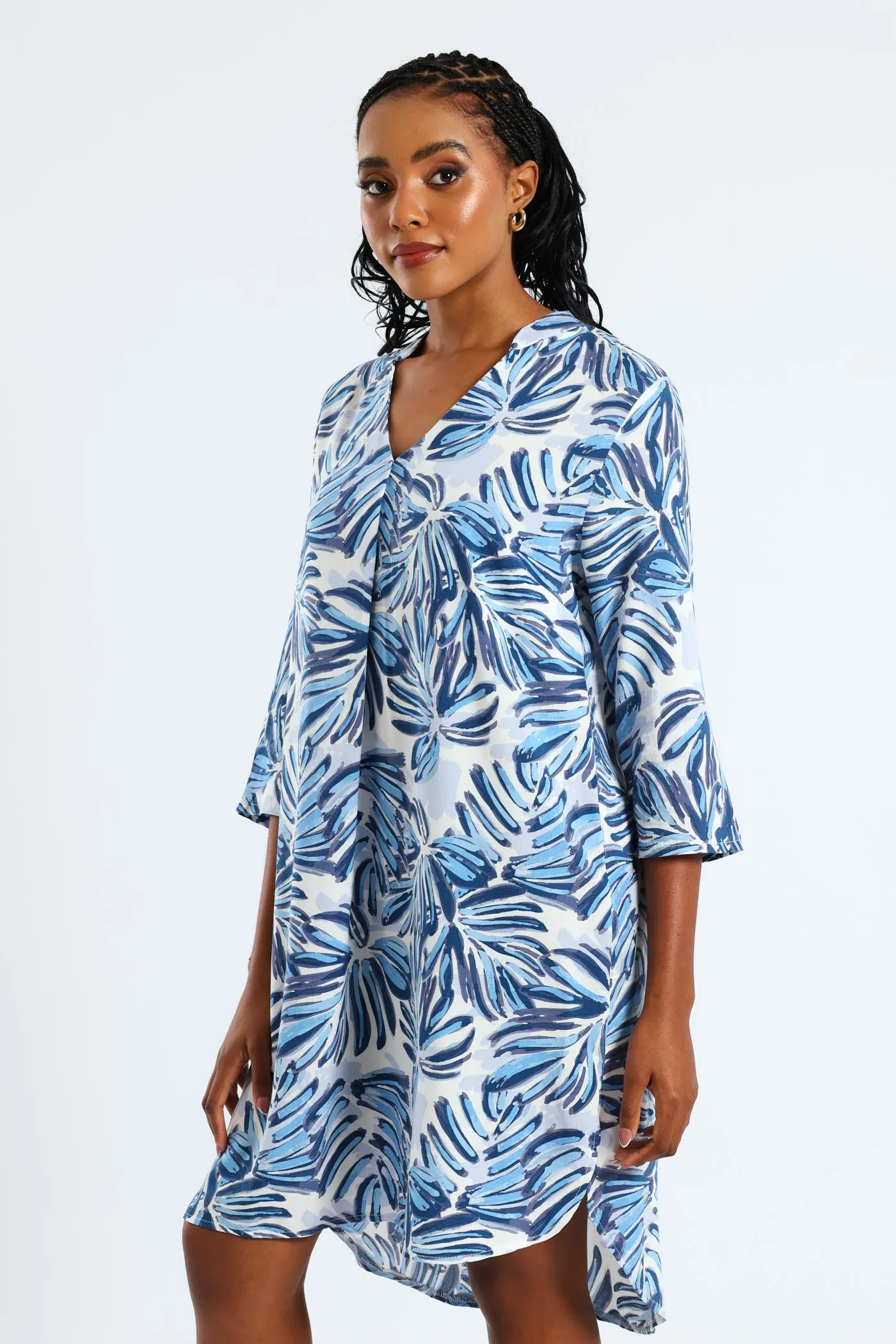 3/4 Sleeve Mandarin Collar Pleat Front Printed Shift Dress - White/Blue sold by Edgars product image thumbnail 5