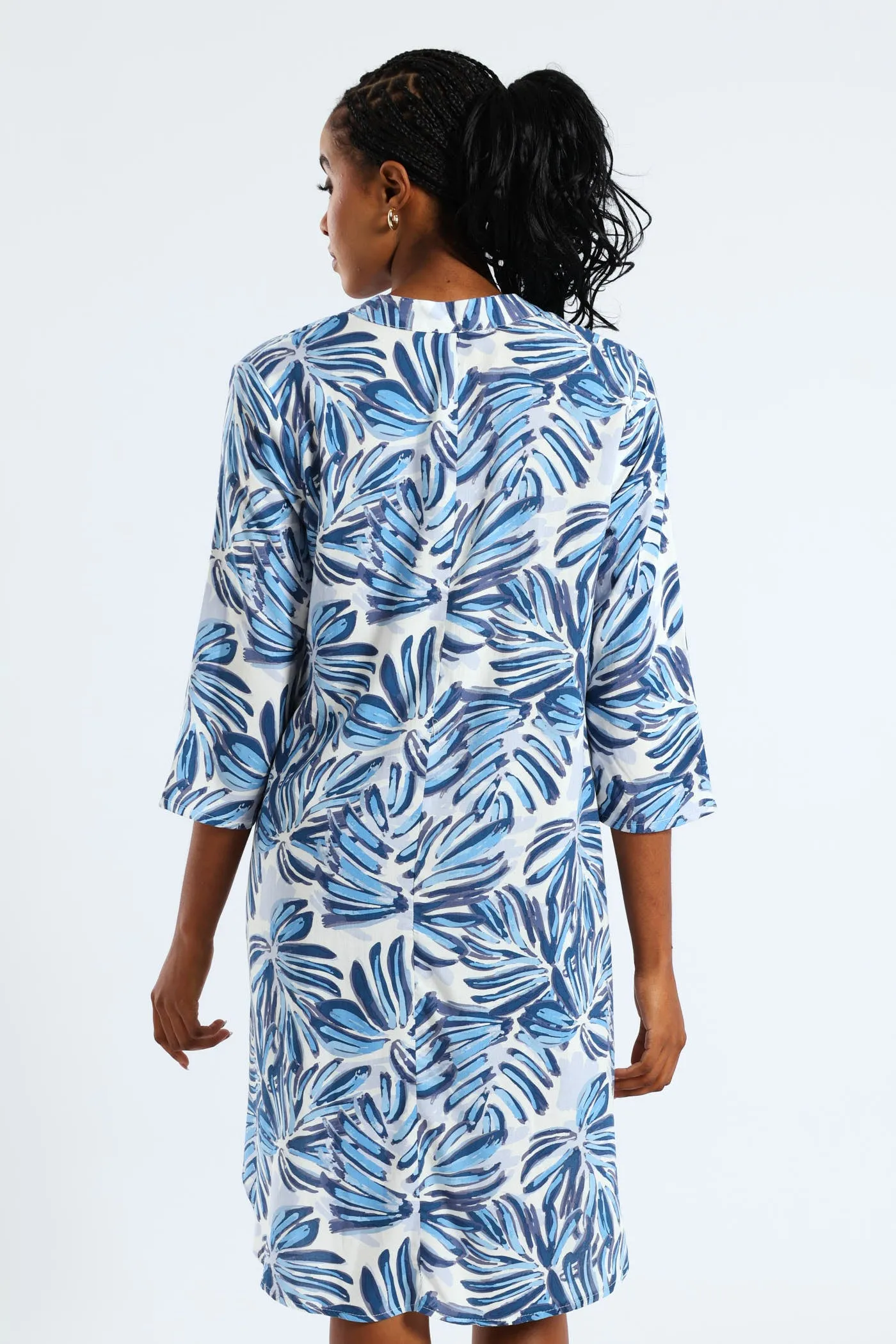 3/4 Sleeve Mandarin Collar Pleat Front Printed Shift Dress - White/Blue sold by Edgars product image thumbnail 4