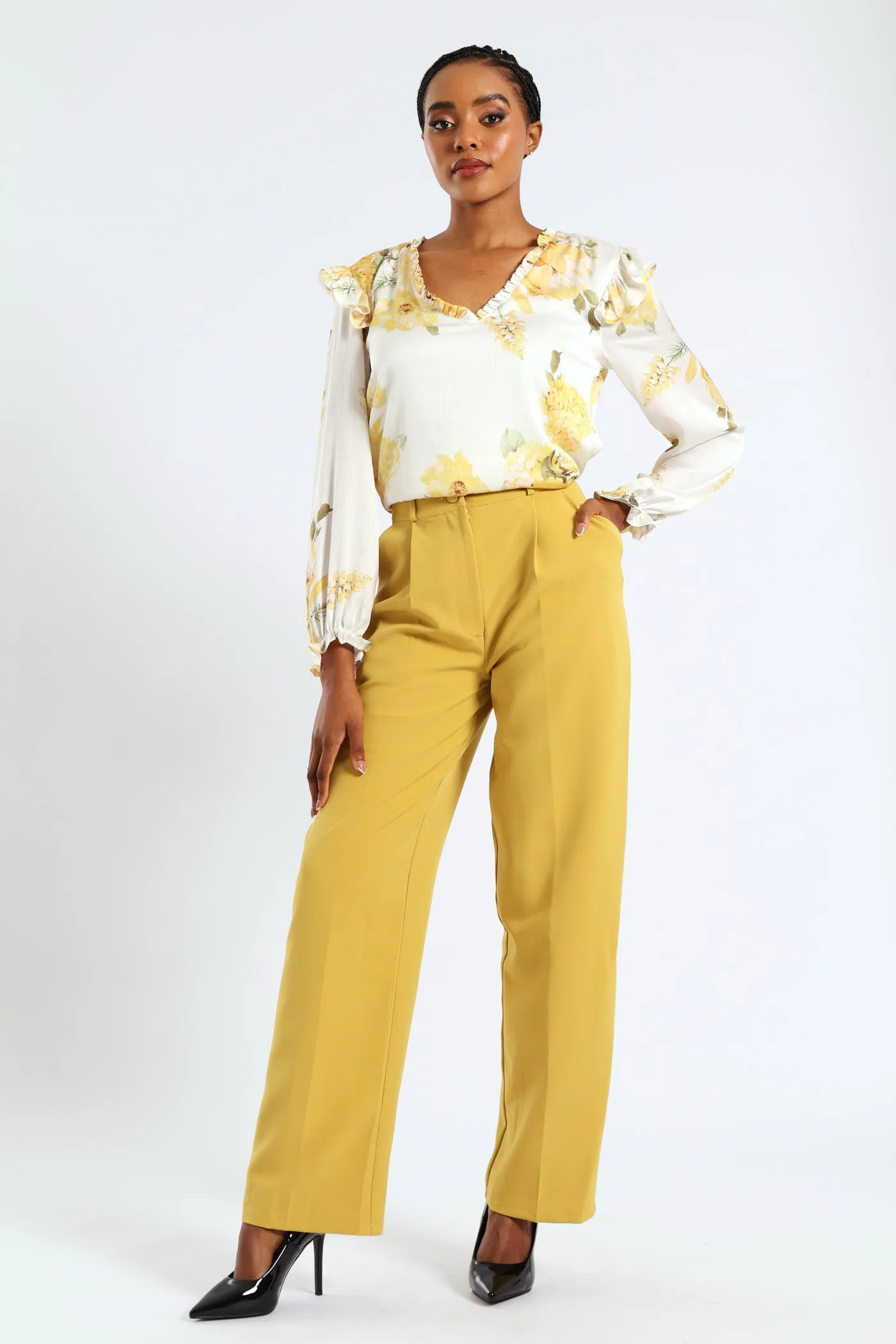 Covered Button Wide Leg Pants - Mustard sold by Edgars