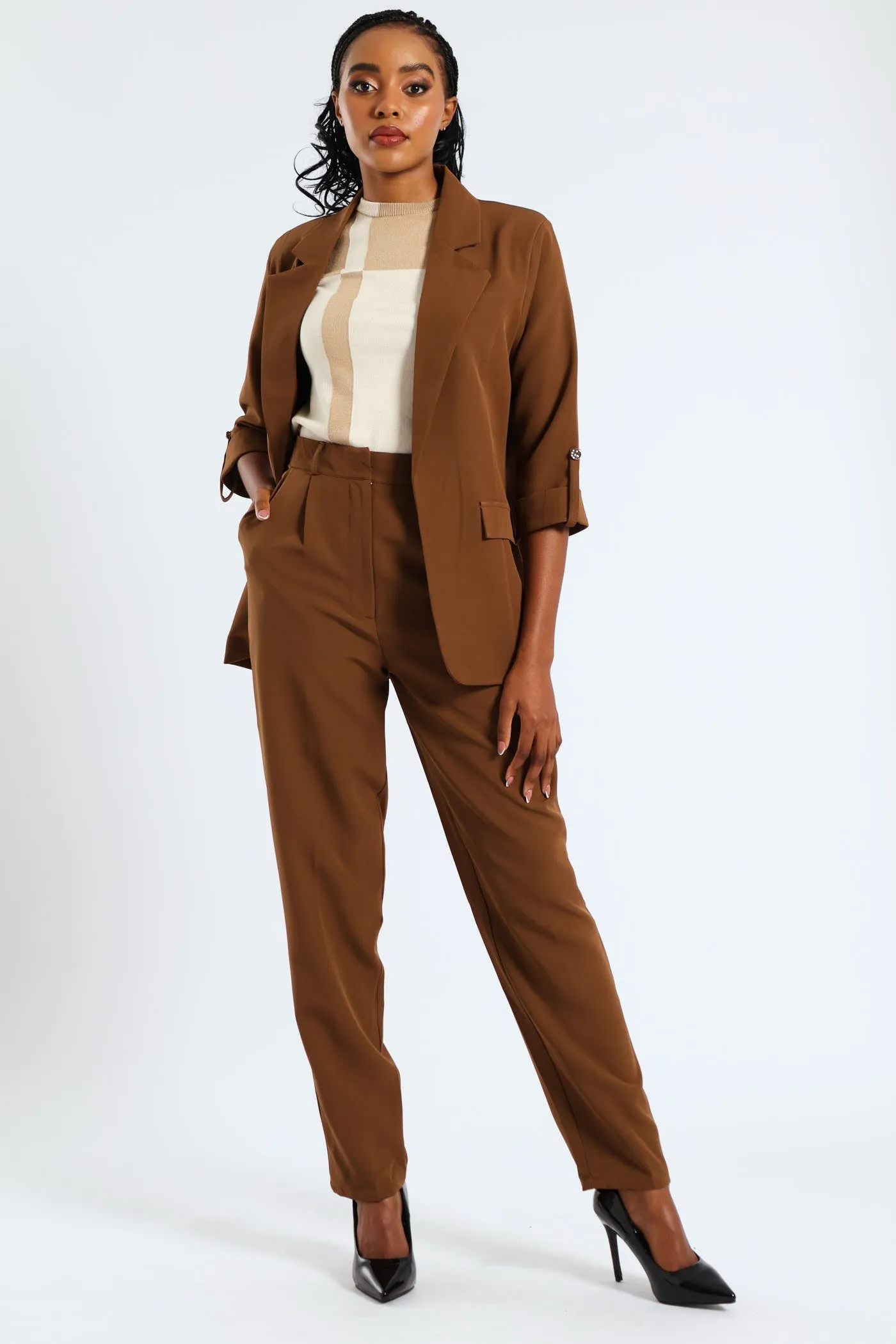 Concealed Button Barrel Leg Pants - Brown sold by Edgars