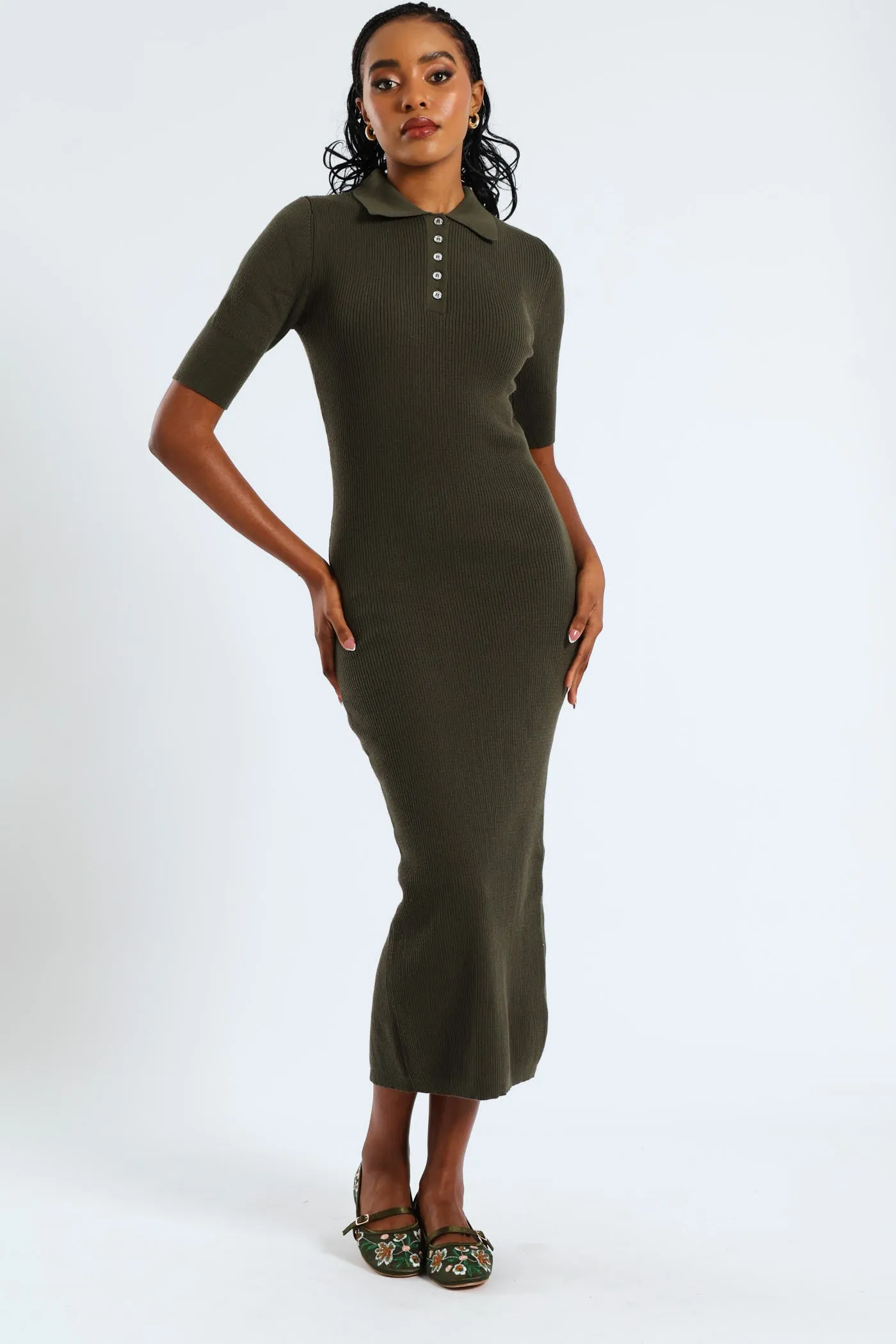 1/2 Placket Collared Knitwear Midaxi Dress - Dark Fatigue sold by Edgars
