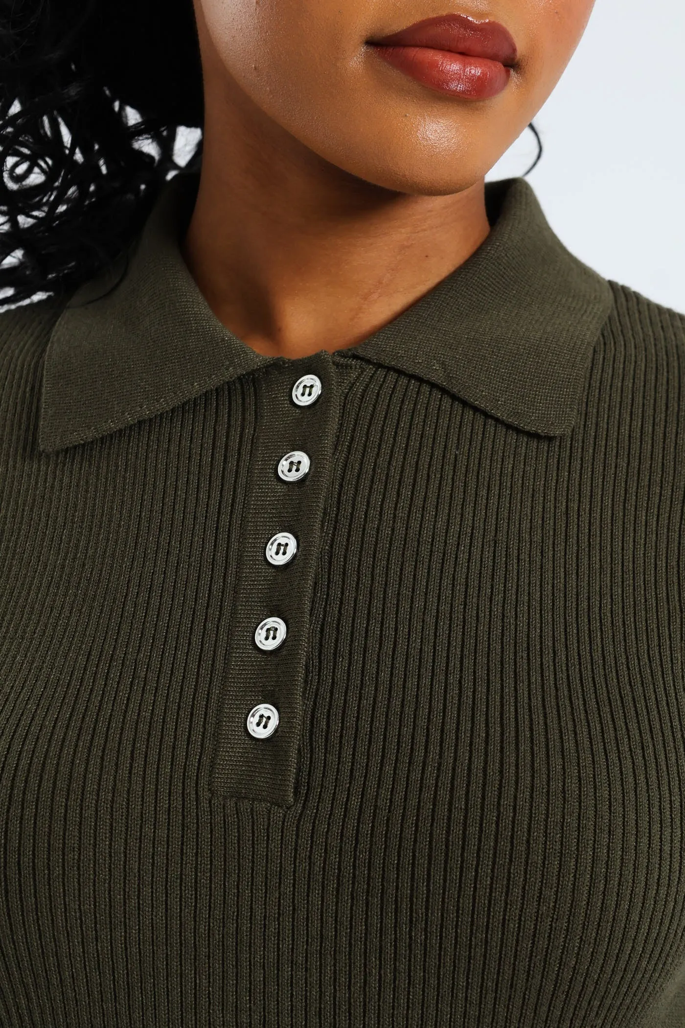 1/2 Placket Collared Knitwear Midaxi Dress - Dark Fatigue sold by Edgars product image thumbnail 4