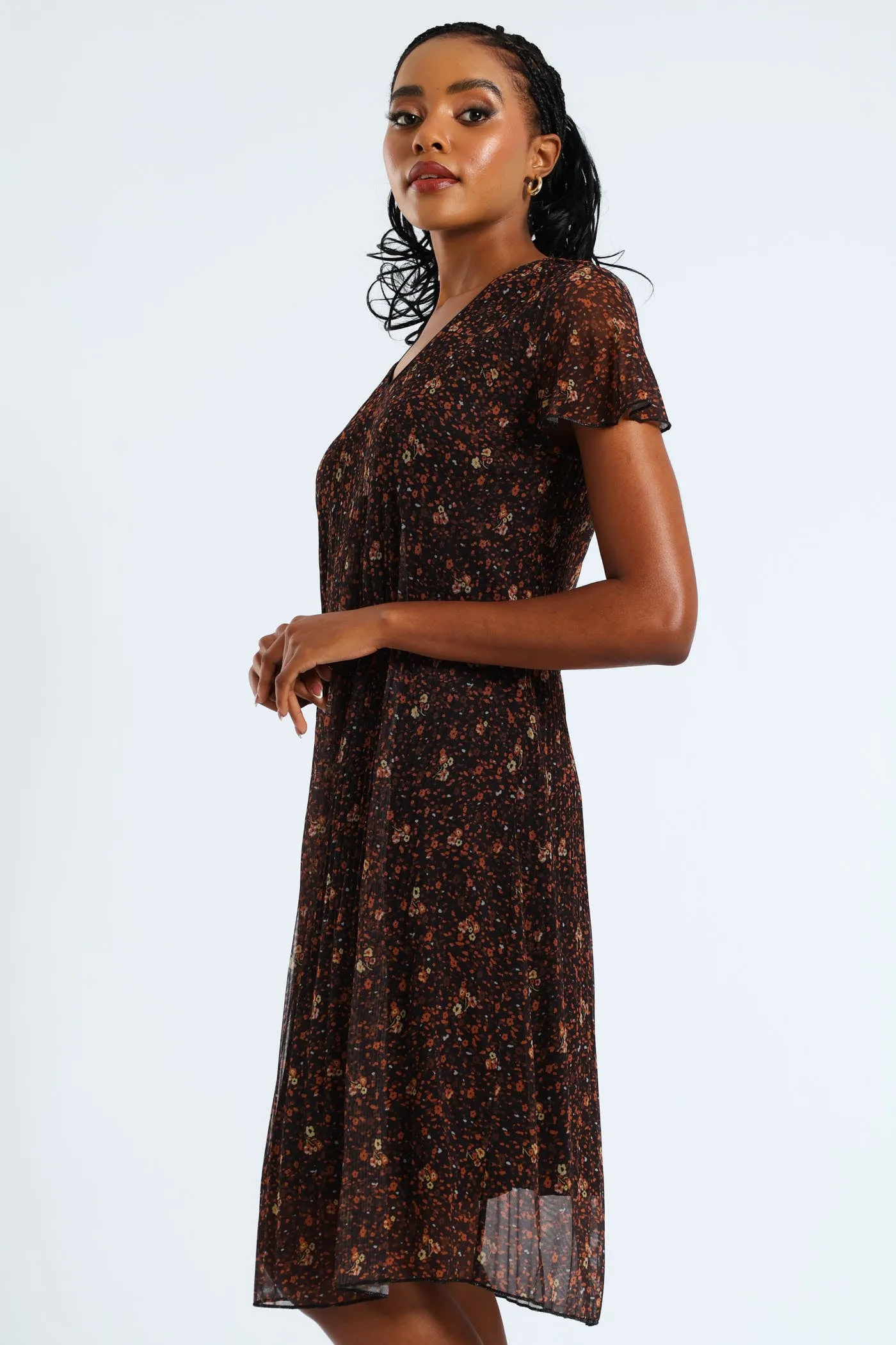 V-Neck Release Pleat Mesh Midi Dress - Black/Orange sold by Edgars product image thumbnail 4