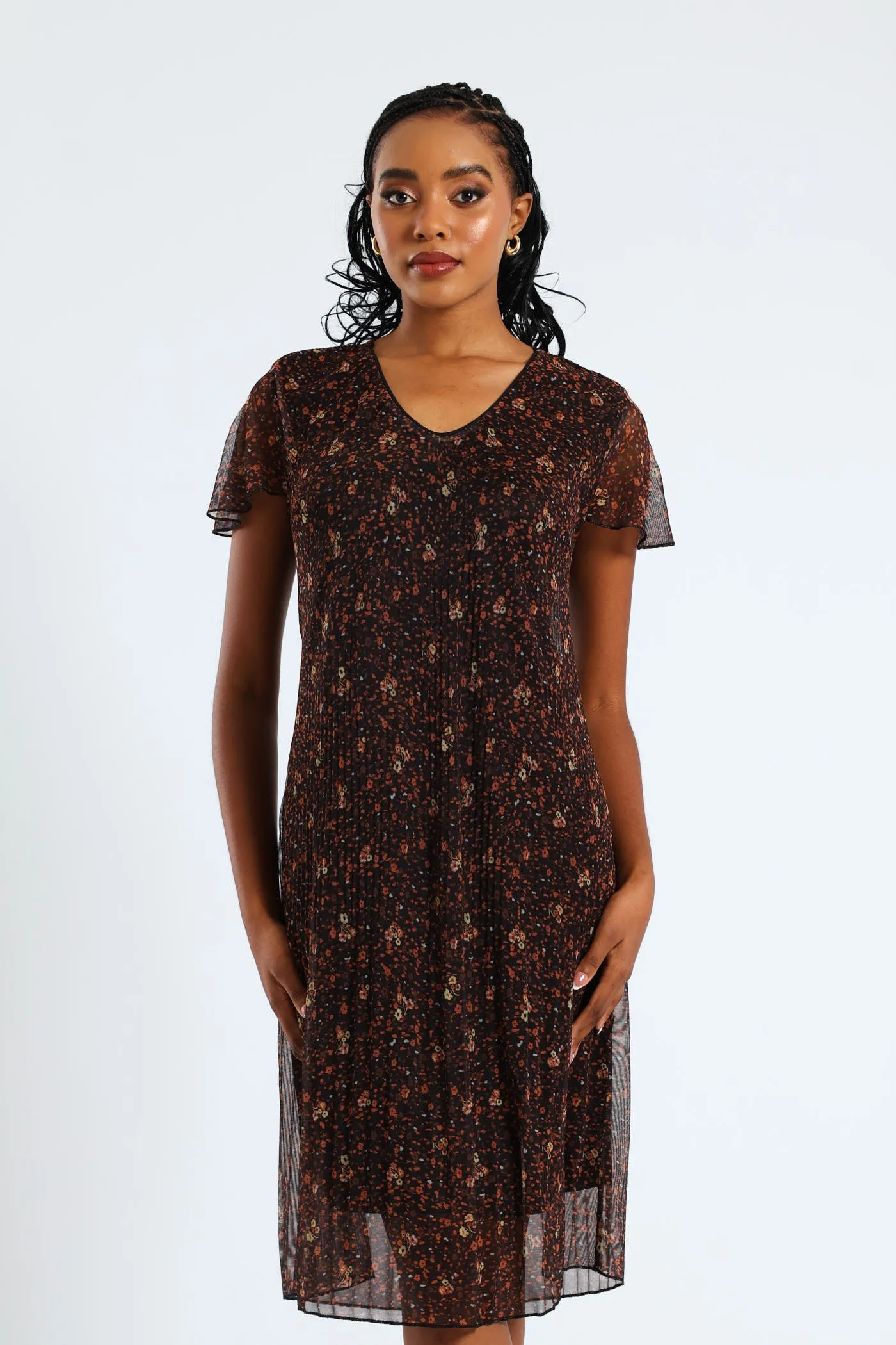 V-Neck Release Pleat Mesh Midi Dress - Black/Orange sold by Edgars product image thumbnail 3