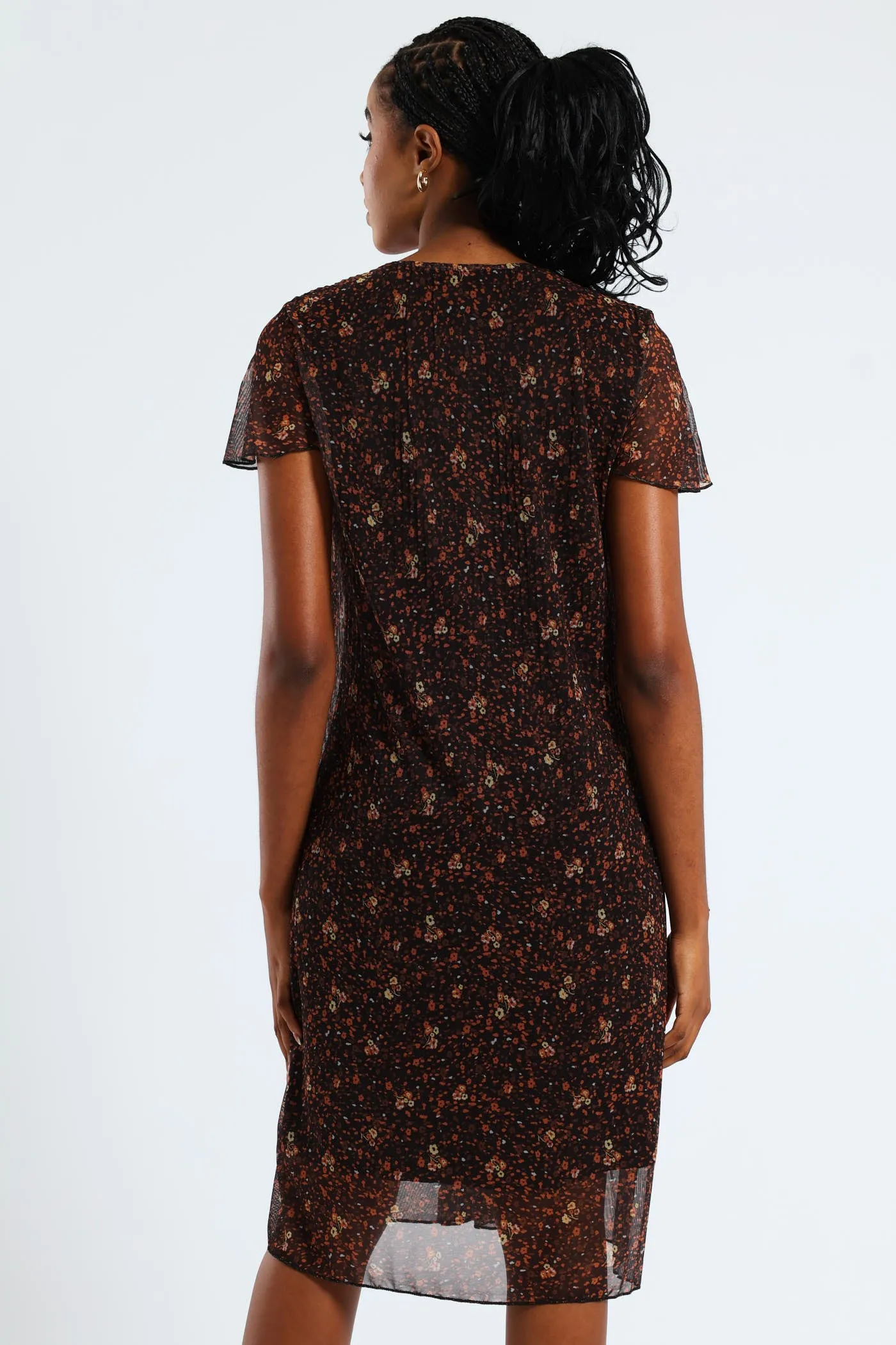 V-Neck Release Pleat Mesh Midi Dress - Black/Orange sold by Edgars product image thumbnail 5