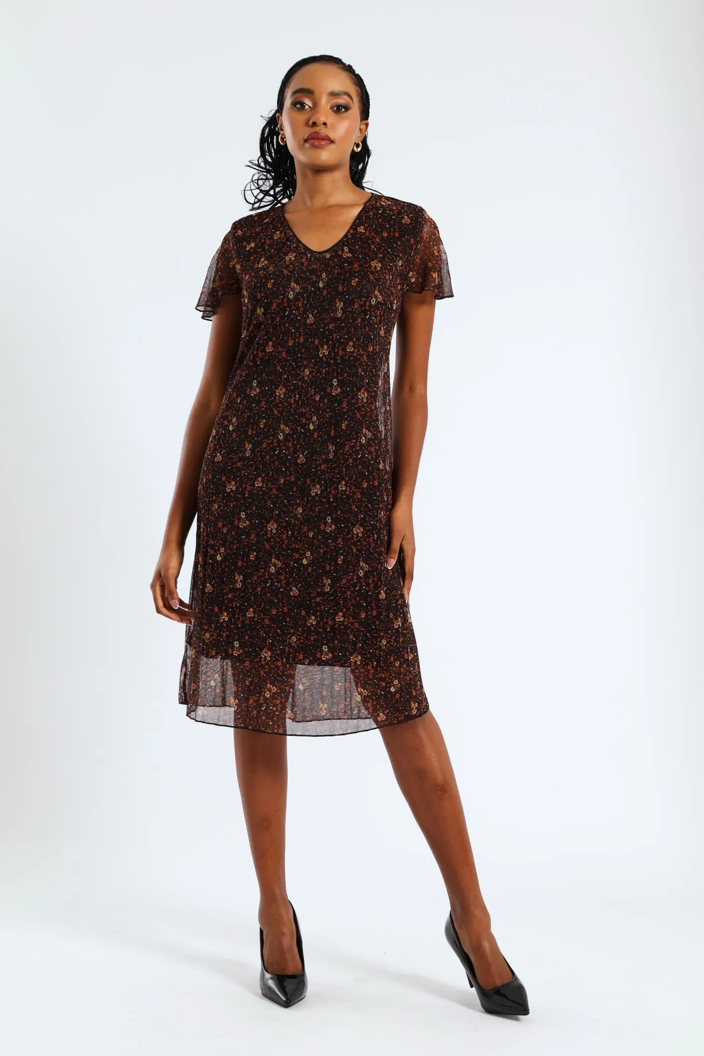 V-Neck Release Pleat Mesh Midi Dress - Black/Orange sold by Edgars