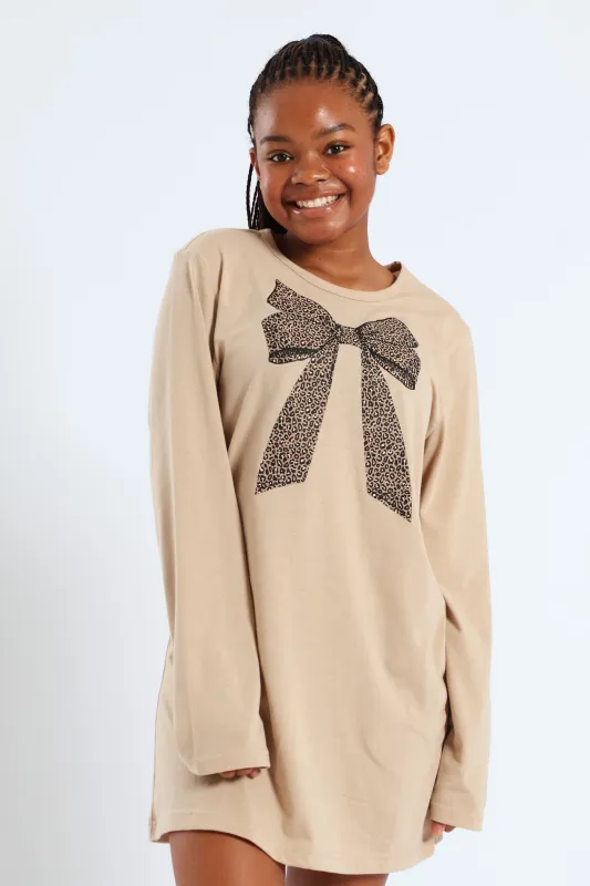 Girls Long Sleeve Bow Sleep Shirt - Stone sold by Edgars