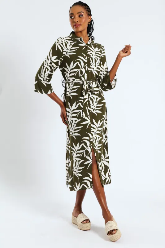 3/4 Sleeve Printed Belted Midaxi Shirt Dress - Fatigue/Cream sold by Edgars