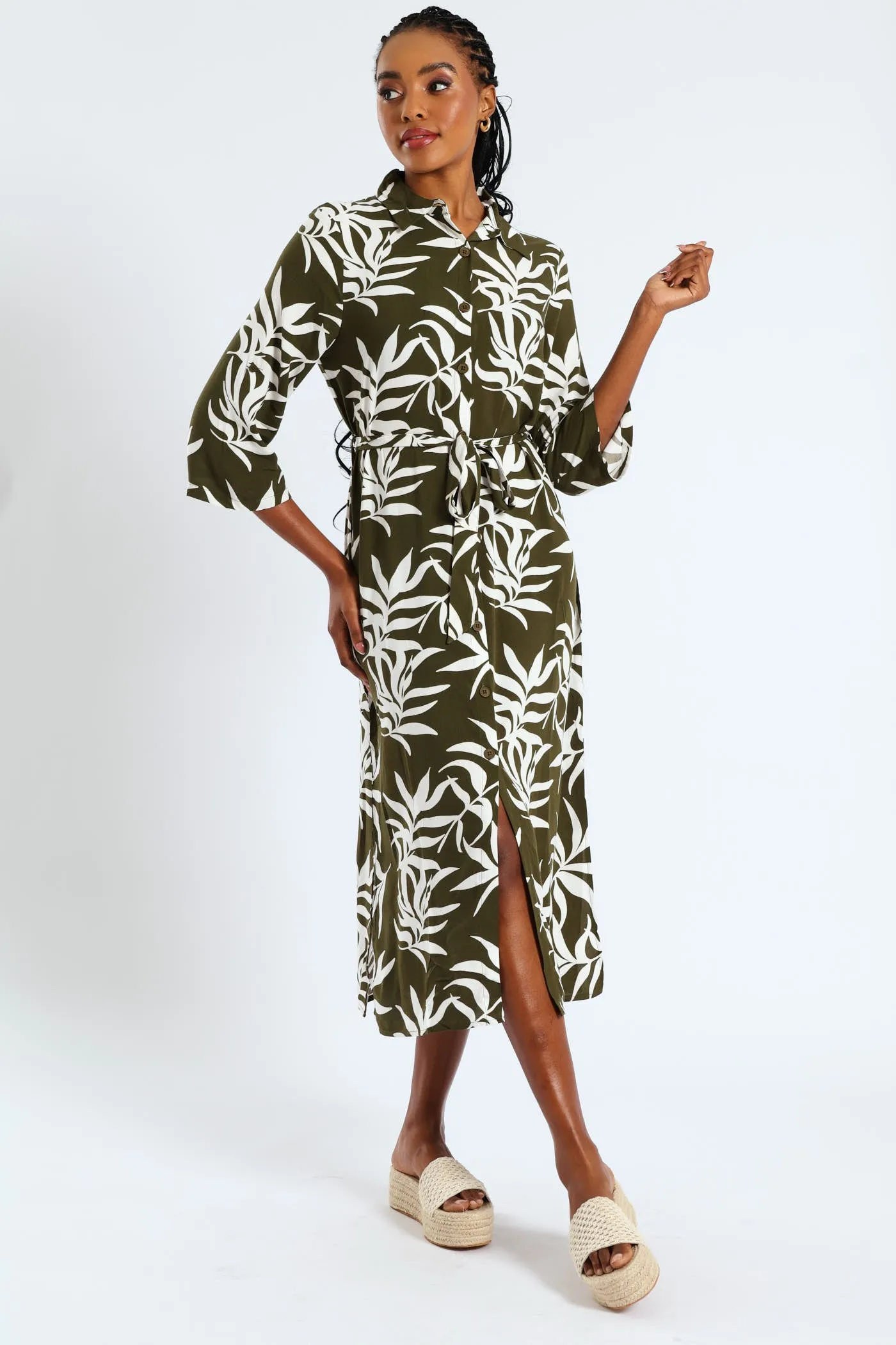 3/4 Sleeve Printed Belted Midaxi Shirt Dress - Fatigue/Cream sold by Edgars