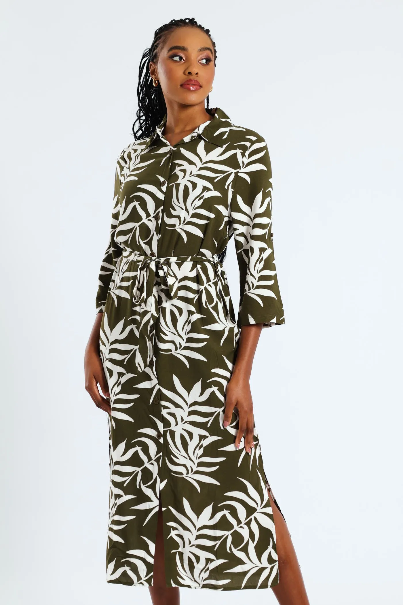 3/4 Sleeve Printed Belted Midaxi Shirt Dress - Fatigue/Cream sold by Edgars product image thumbnail 2