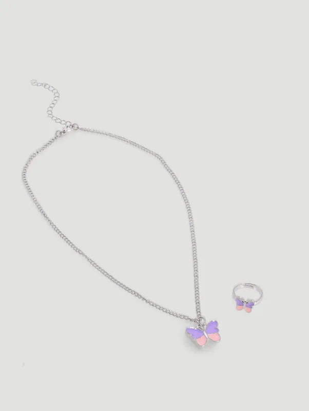 Pre-Girls Butterfly Necklace Earring & Ring Set - Lilac sold by Edgars