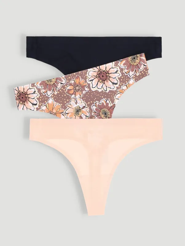 3 Pack Seemless Thong Panties - Floral/Pink/Black sold by Edgars