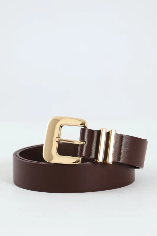 Gold Square Buckle Double Loop Belt - Chocolate sold by Edgars