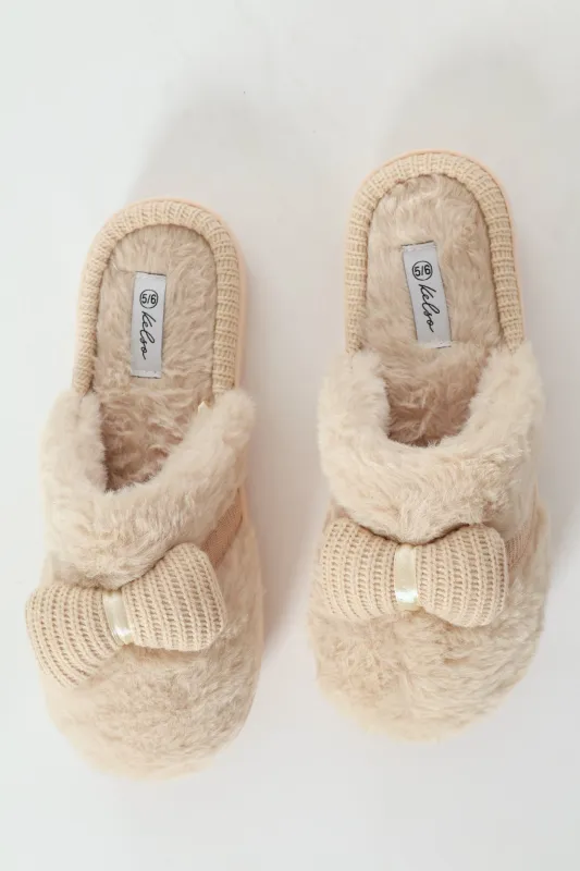 Puffed Knitted Bow Detail Closed Toe Slipper - Natural sold by Edgars