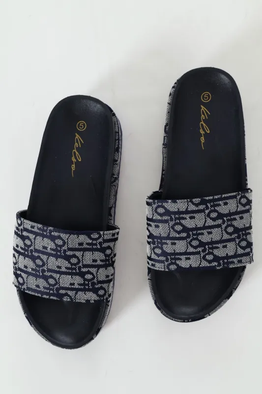 Monogram Printed Canvas Flatform Slide Sandal - Navy sold by Edgars
