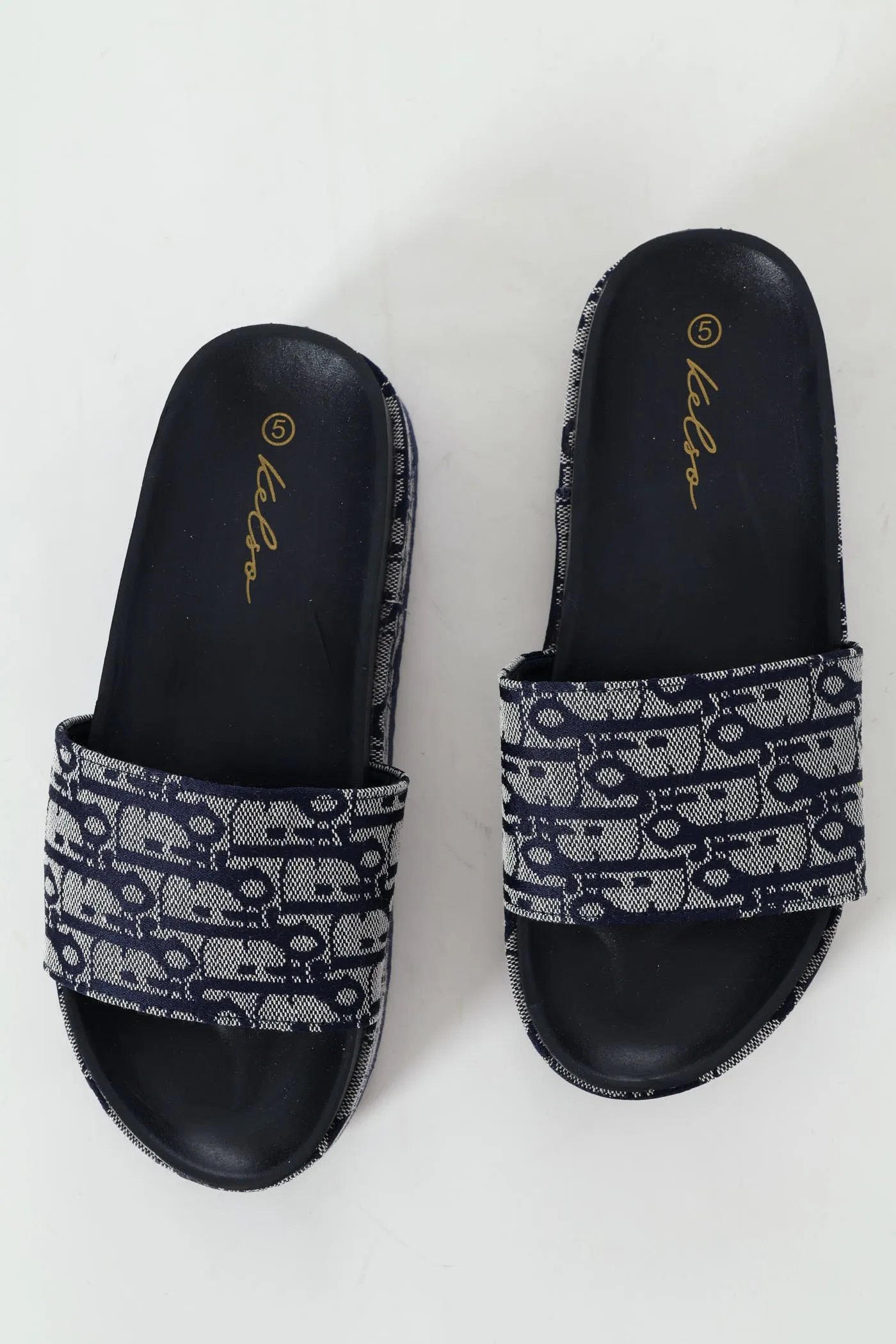 Monogram Printed Canvas Flatform Slide Sandal - Navy sold by Edgars