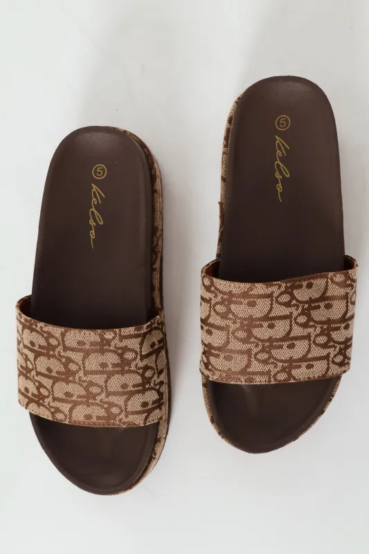 Monogram Printed Canvas Flatform Slide Sandal - Chocolate sold by Edgars