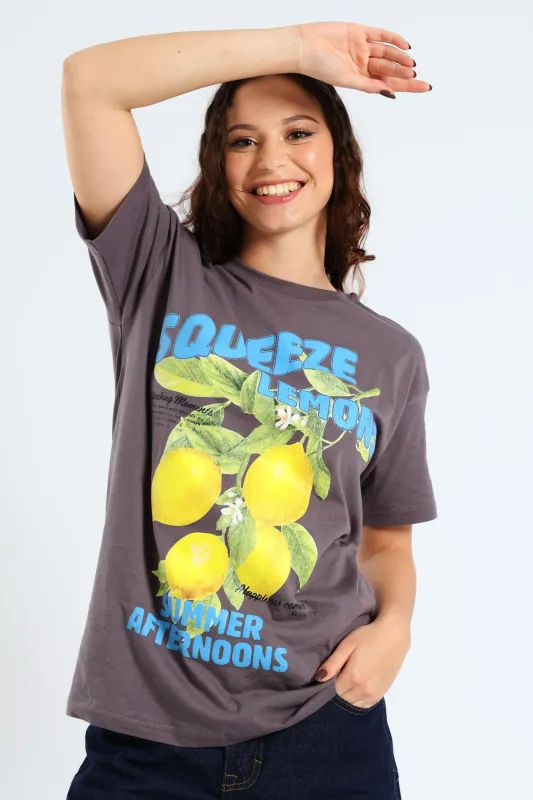 Lemon Oversized Printed Tee - Grey sold by Edgars