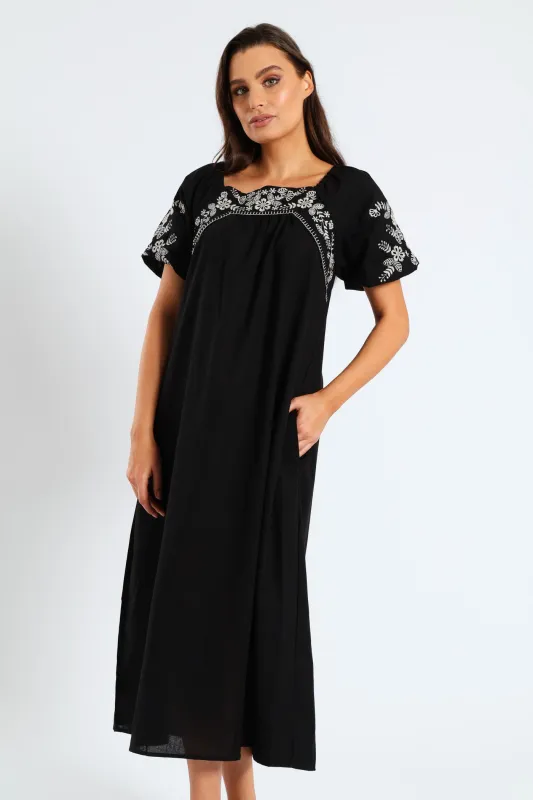 Bubble Embroidered Sleeve & Yoke Flare Midi Dress - Black sold by Edgars