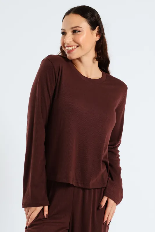 Long Sleeve Rib Knit Tee - Brown sold by Edgars