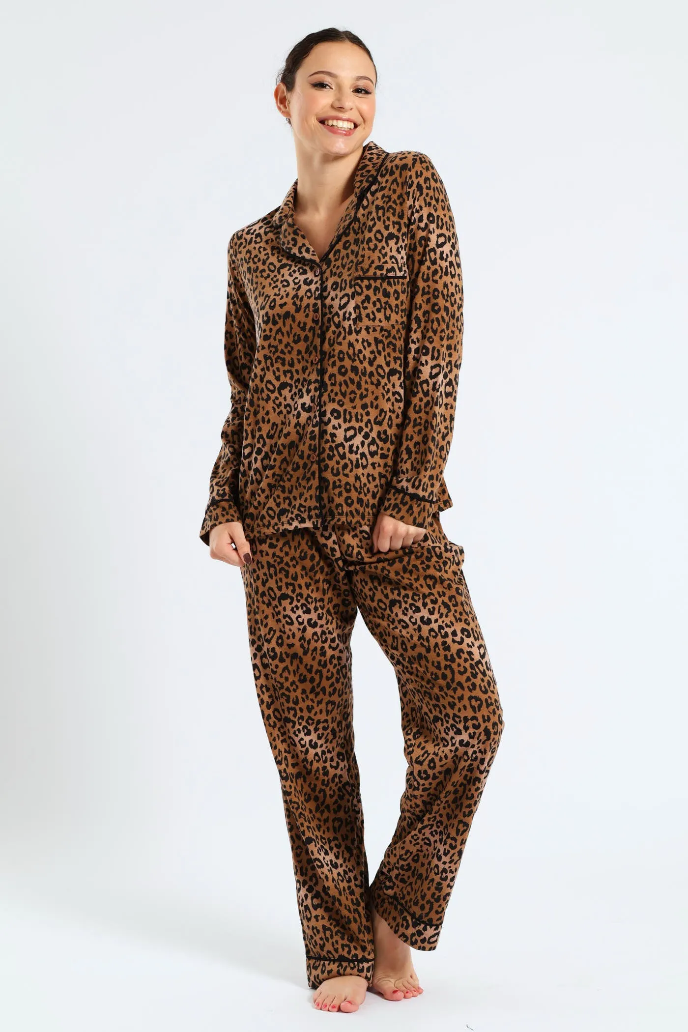 Long Sleeve Button Through & Knit Pant Set With Scrunchie - Black/Brown sold by Edgars product image thumbnail 5