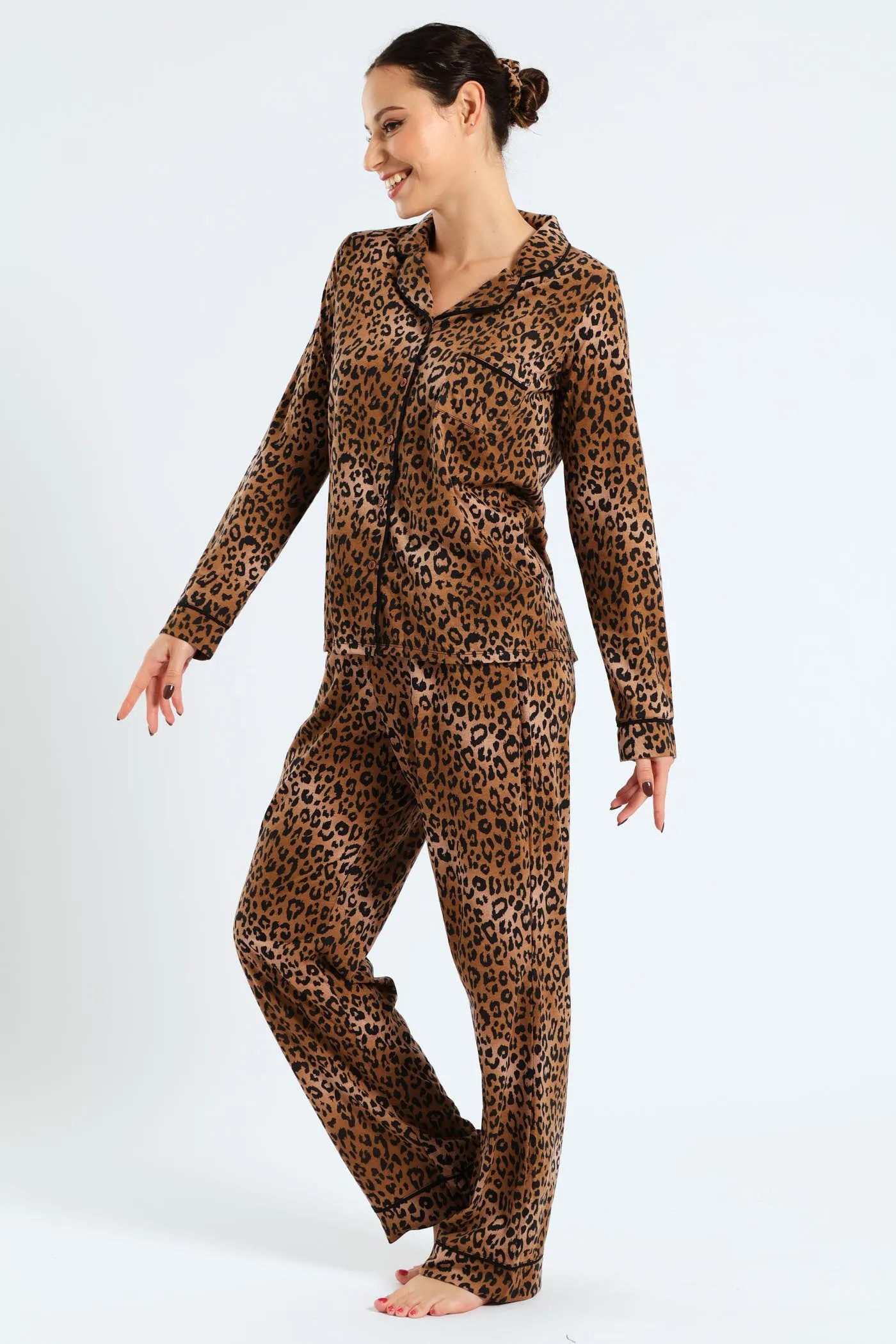 Long Sleeve Button Through & Knit Pant Set With Scrunchie - Black/Brown sold by Edgars