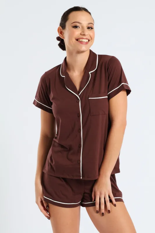 Short Sleeve Button Through Knit Short Set With Scrunchie - Brown sold by Edgars
