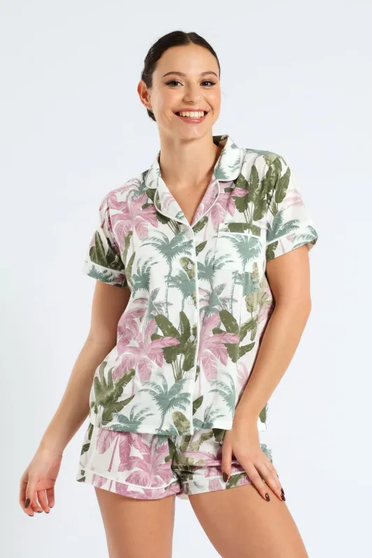 Short Sleeve Button Through Knit Short Set With Scrunchie - Multi sold by Edgars