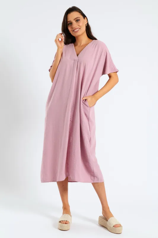V-Neck Pleated Front Kaftan Midi Dress - Mauve sold by Edgars