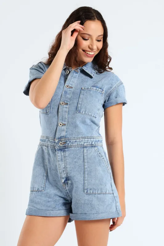 Denim Short Jumpsuit - Mid Blue sold by Edgars 