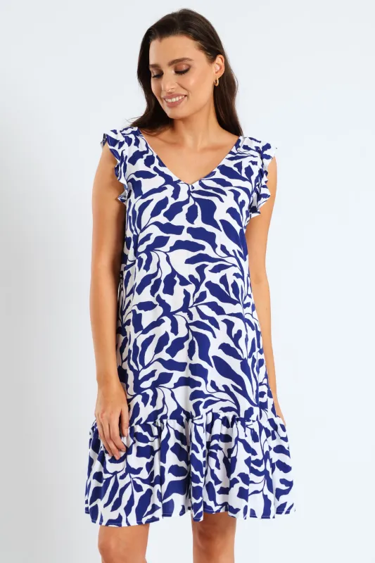 V-Neck Frill Sleeve Drop Hem Tie Detail Printed Mini Dress - Navy/White sold by Edgars