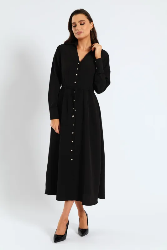 Darted Waisted Midi Shirt Dress - Black sold by Edgars 