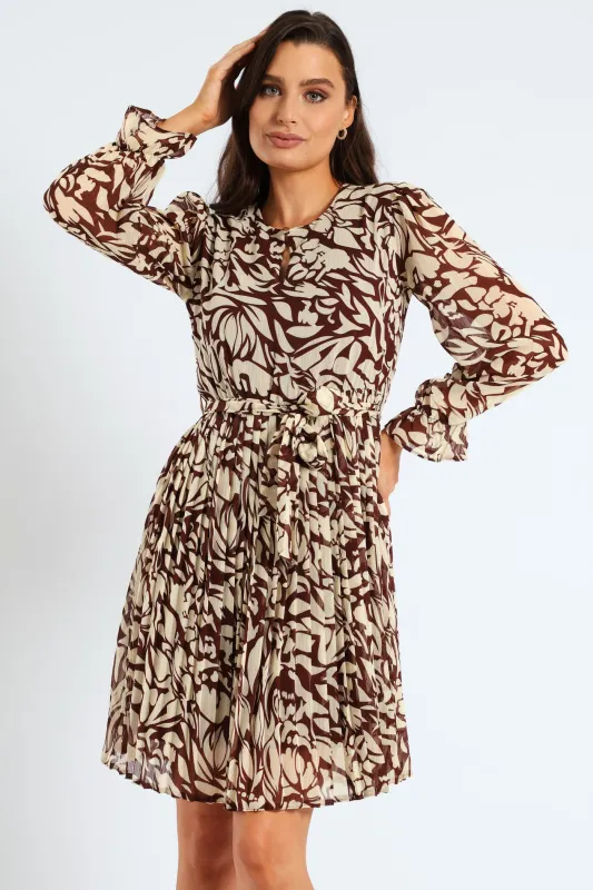 Monomchrome Pleated Keyhole Tea Dress - Bitter Chocolate sold by Edgars