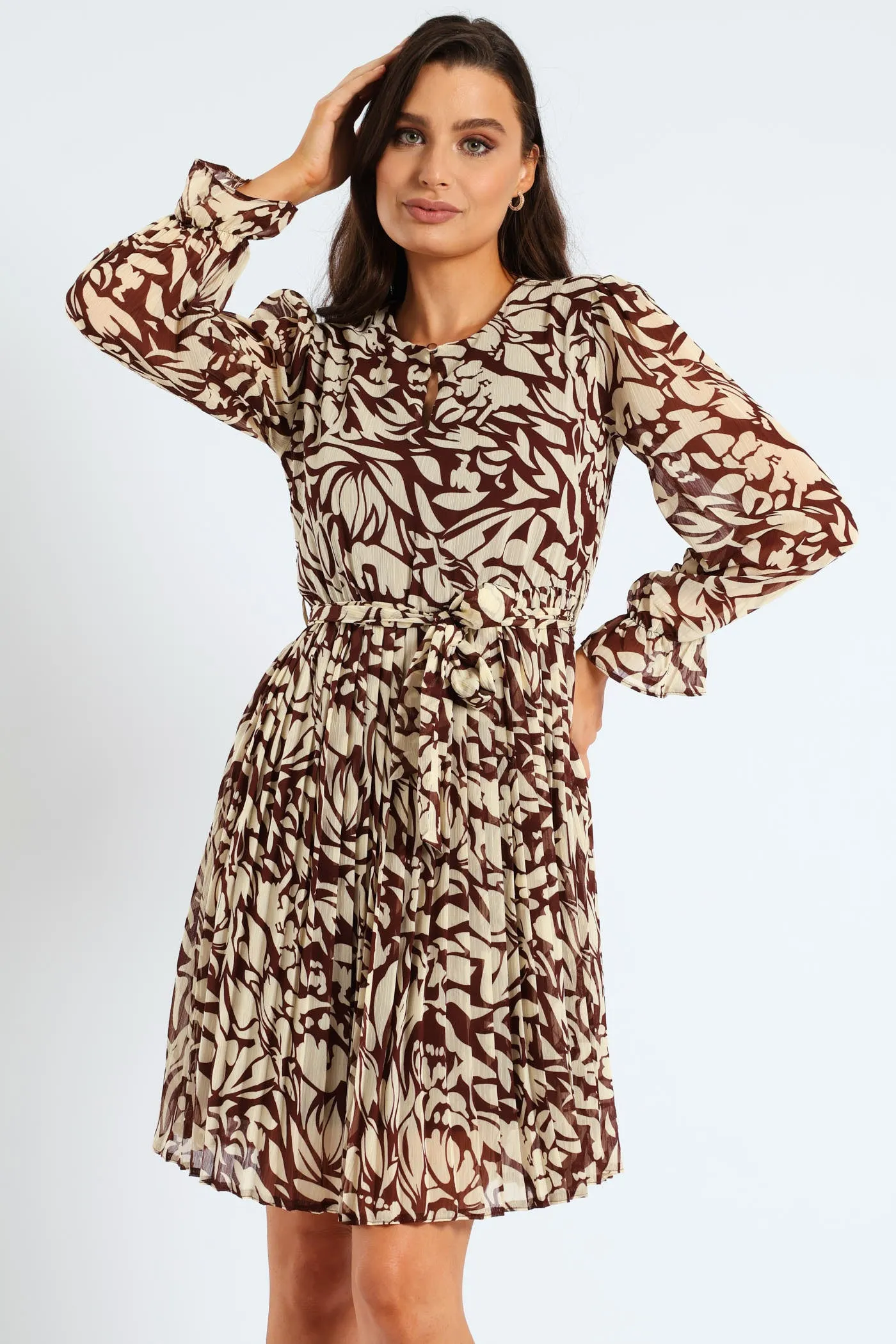 Monomchrome Pleated Keyhole Tea Dress - Bitter Chocolate sold by Edgars