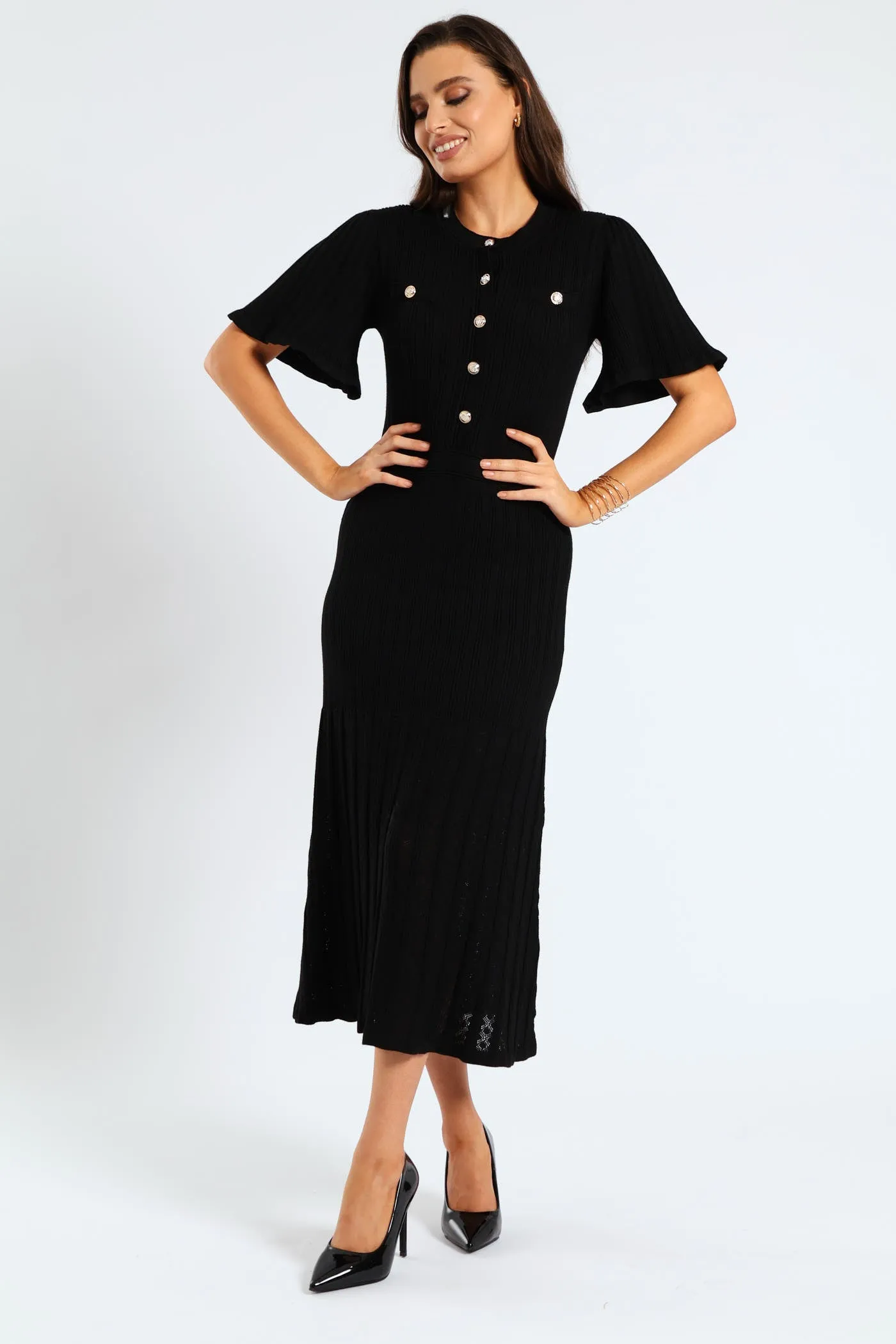 Pointelle Flared Knitwear Maxi Dress - Black sold by Edgars