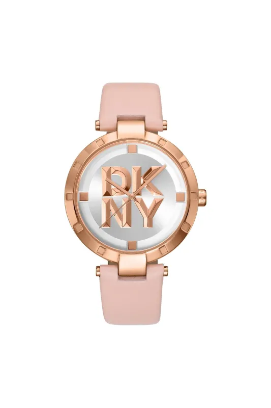 Logo Rose Gold Case & Silver White Dial Watch With Pink Leather Strap - Pink sold by Edgars
