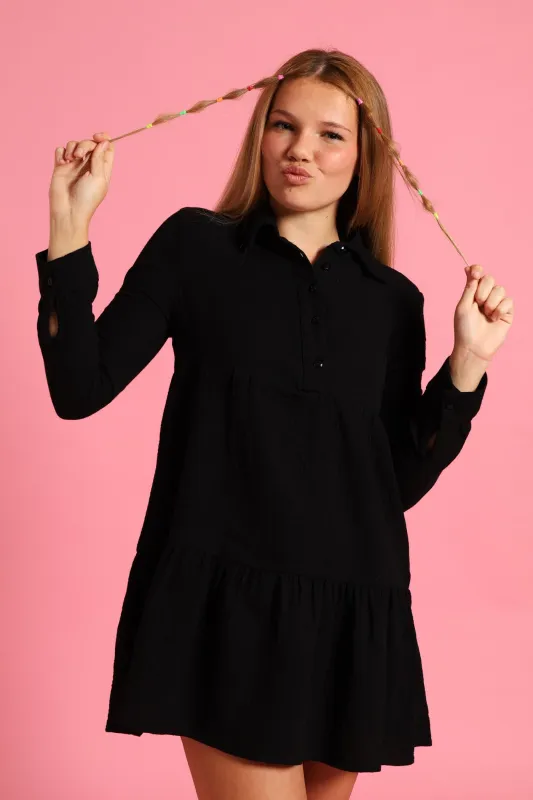 Girls Button Detail Collared Muslin Dress - Black sold by Edgars