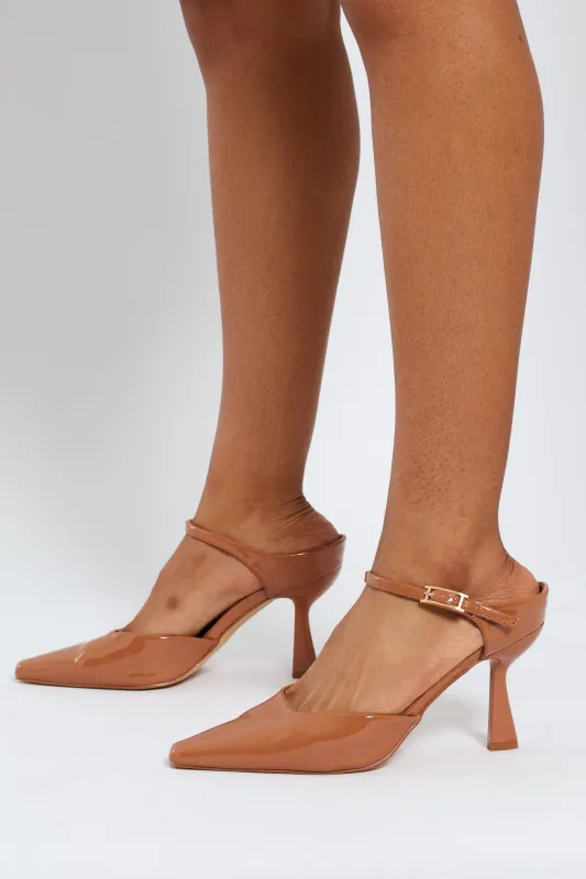 Front Buckle Strap Pointy Stiletto Mule Heel - Taupe sold by Edgars